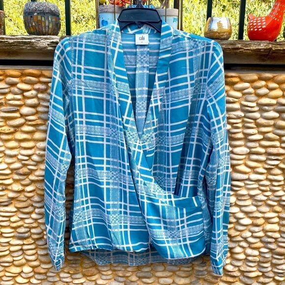 CAbi #3068 Windowpane Wrap Blouse Teal Size Small. EUC! - Picture 2 of 6